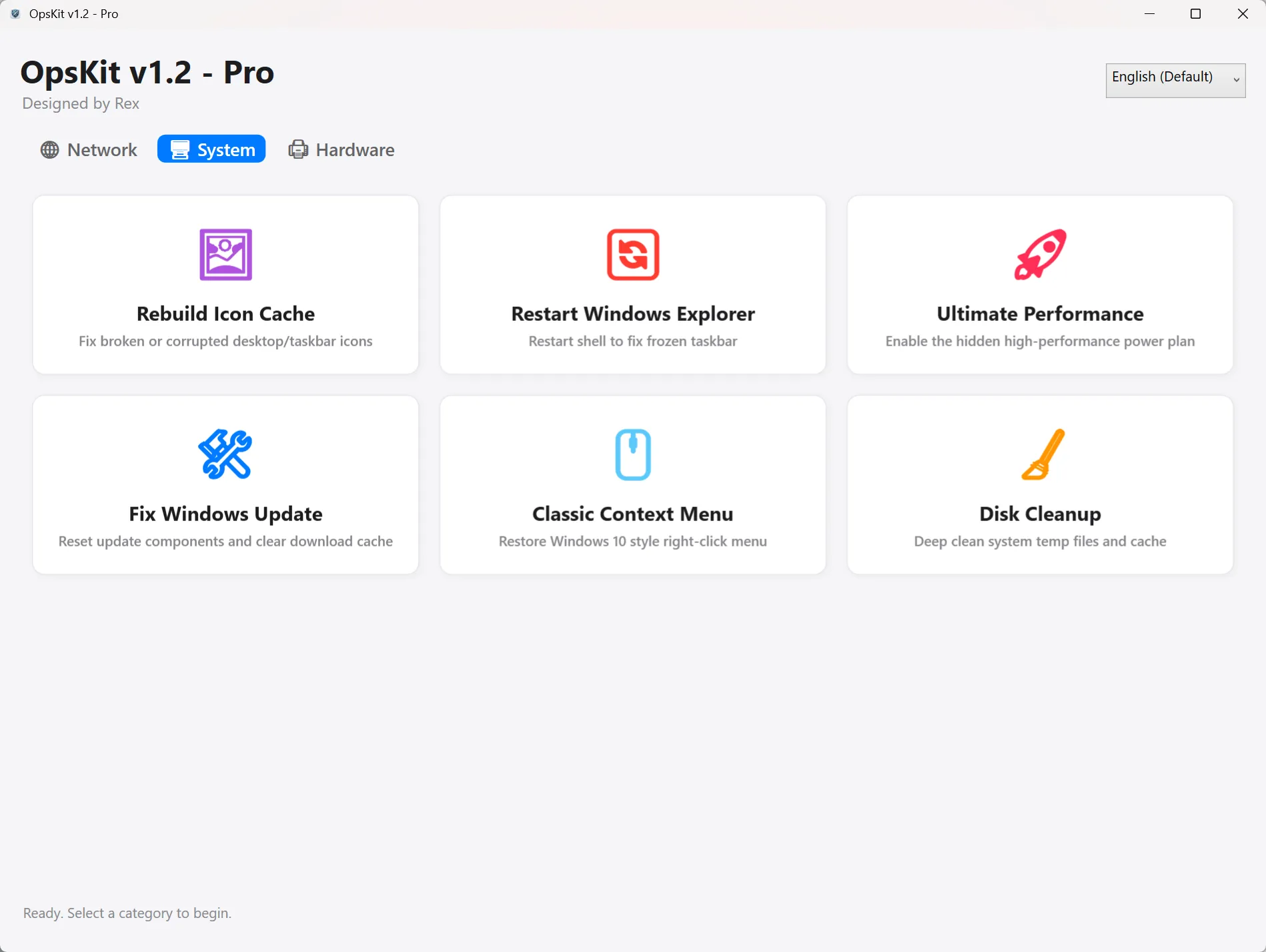 OpsKit main interface — 16 utilities organized into System, Network and Hardware categories